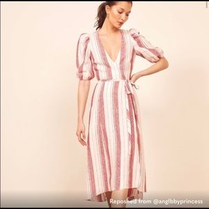 The Reformation Red & White Stripped Linen Wrap Dress